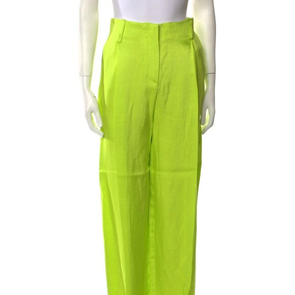 Sandro Neon Lime Green Pants w/ Defect Viscose Linen Wide Leg Trouser Pleated - Picture 2 of 9